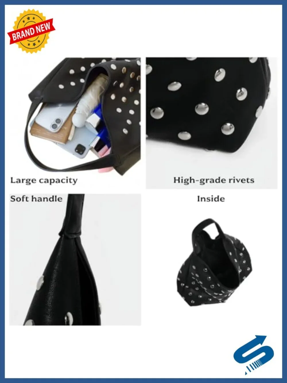 Vegan Leather Studded Hobo Bag Women Soft Slouchy Y2K Punk Shoulder Purse